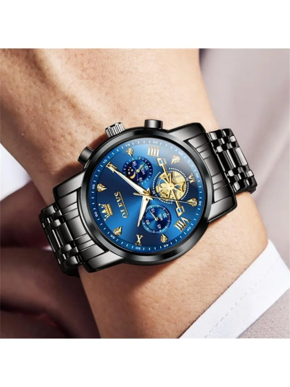 Men's Black Blue Skeleton Stainless Steel Diamond And Calendar Chronograph Watch